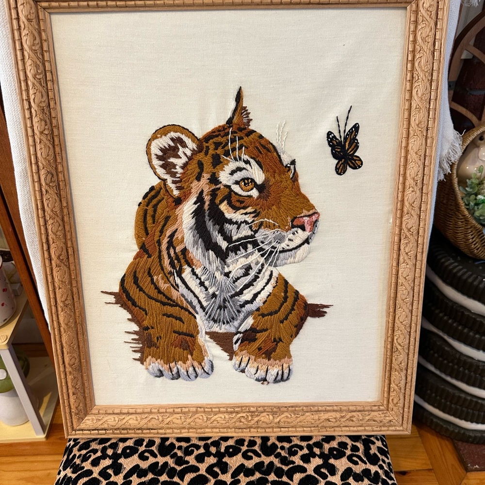 Vintage Tiger Embroidery Crewel Wall Art in Wooden Etched Frame